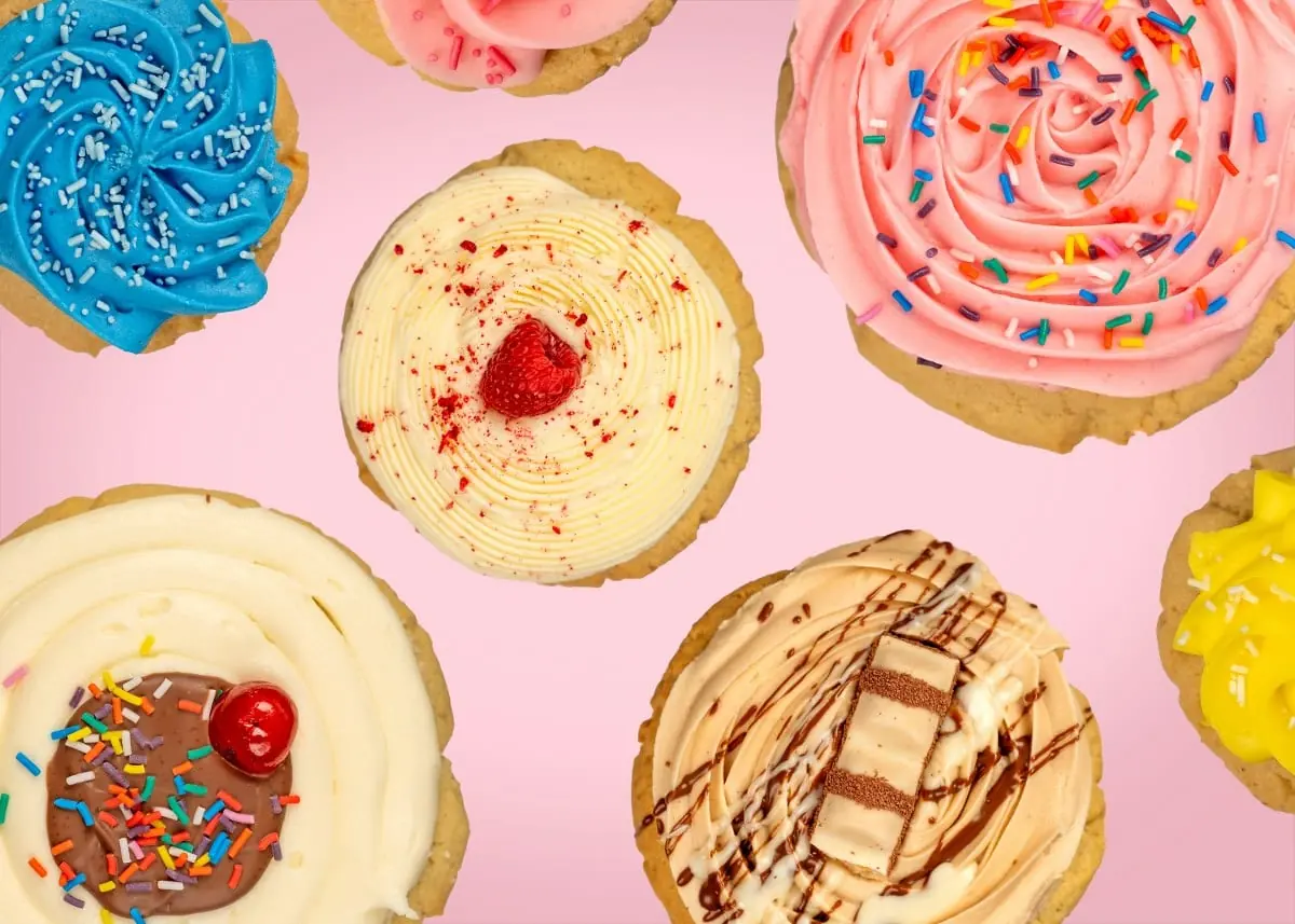 A collage of Dipp'd cookie flavours on a pink background