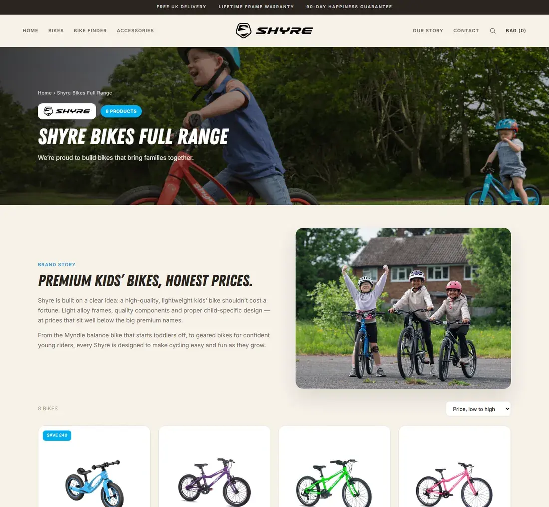 The Shyre Bikes range page — the full collection with colourway swatches