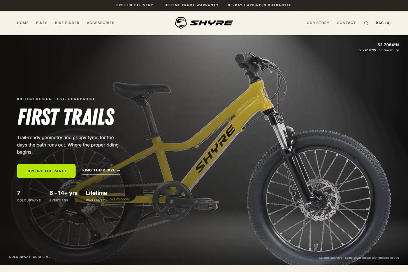 Shyre Bikes homepage — the store we designed and built