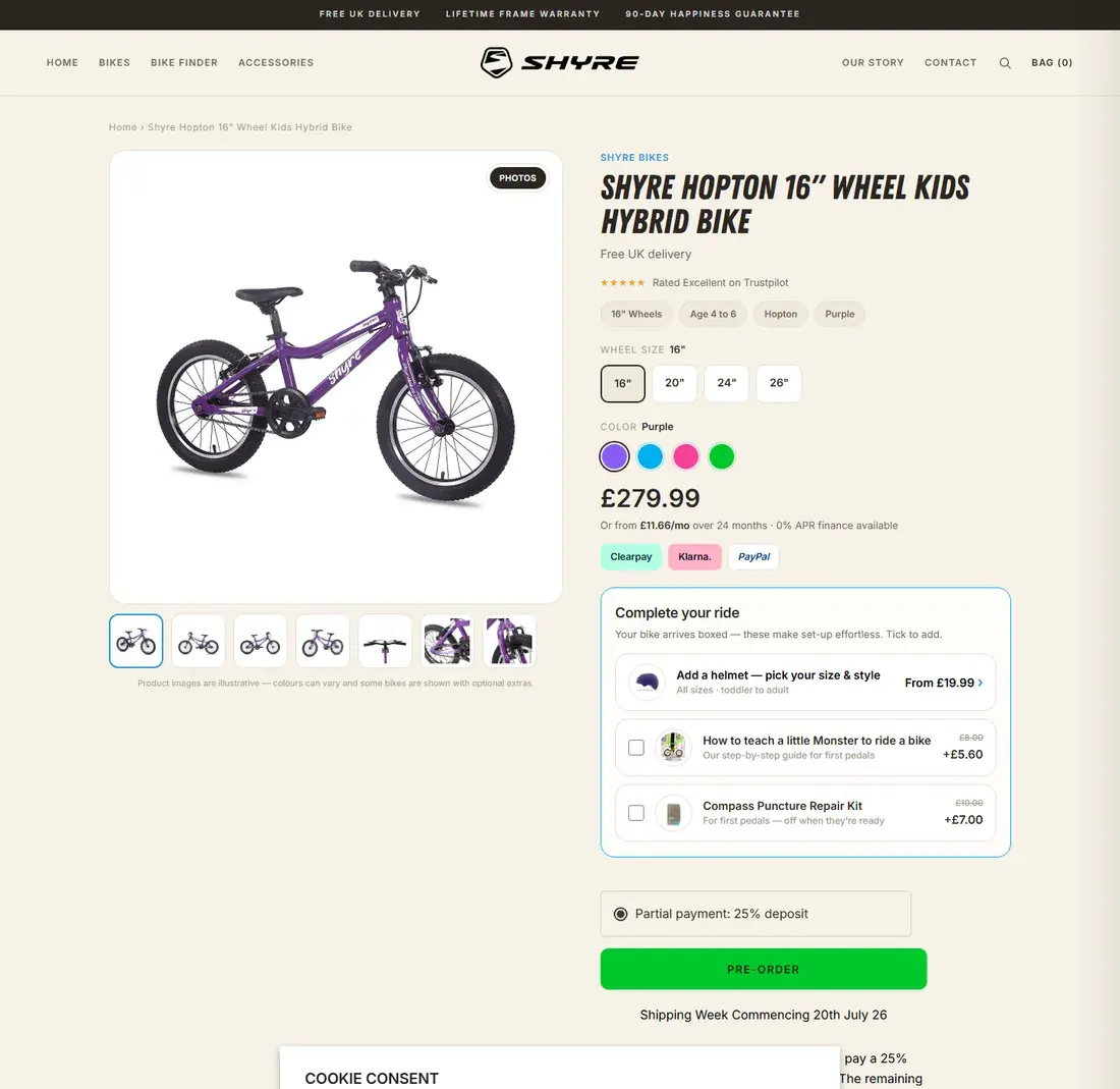 A Shyre product page with the colourway configurator and add-ons